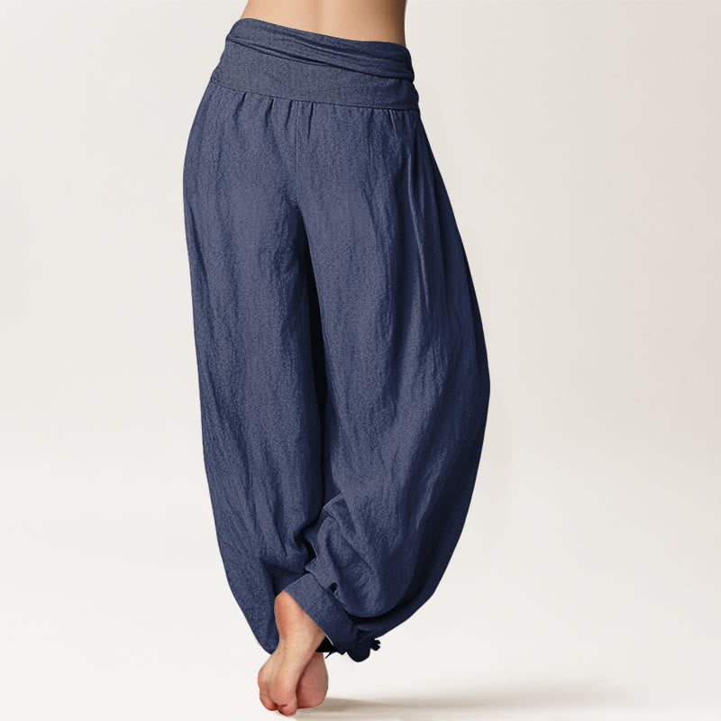 Buddha Stones Bamboo Leaves Red Sun Pattern Women's Elastic Waist Harem Pure Cotton Pants