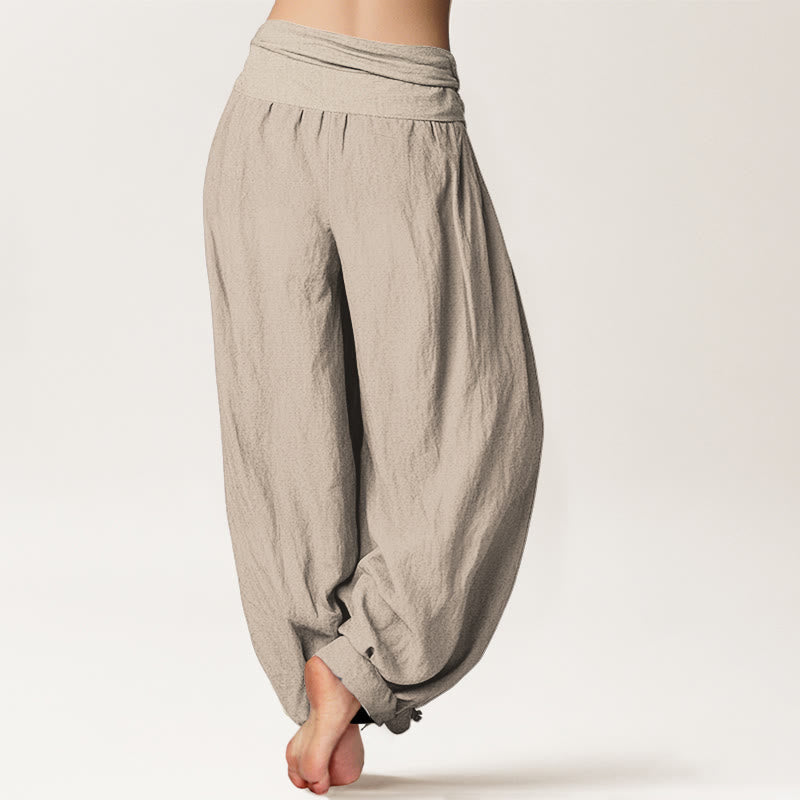 Buddha Stones Blooming Lotus Om Symbol Pattern Women's Elastic Waist Harem Pure Cotton Pants