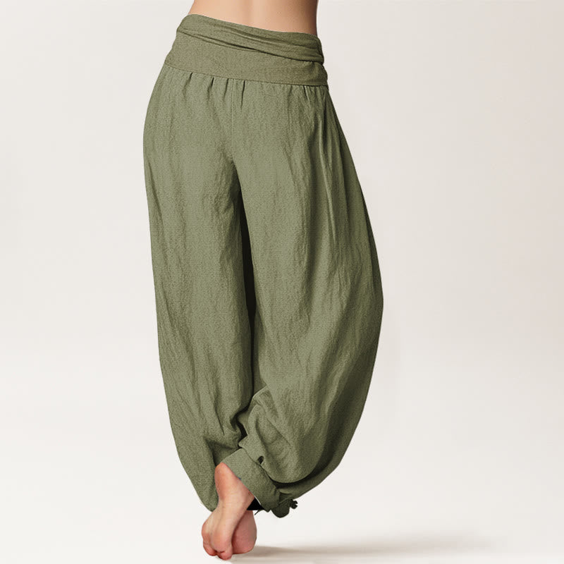 Buddha Stones Blooming Lotus Om Symbol Pattern Women's Elastic Waist Harem Pure Cotton Pants