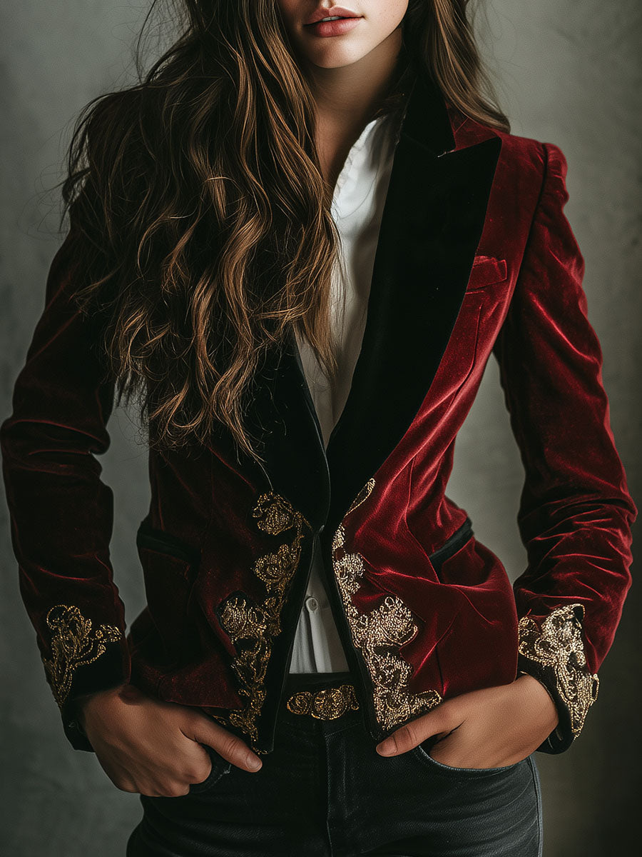 Elegant Black Collar Gold Luxury Embroidered Velvet Blazer